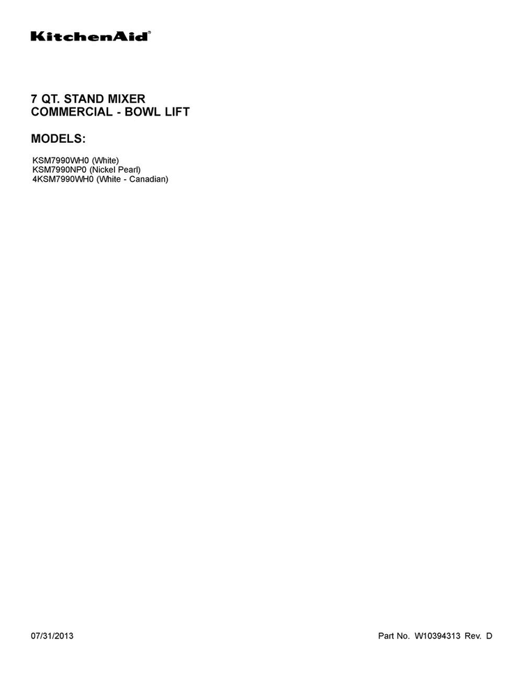 Cover Sheet Diagram and Parts List for 4KSM7990WH0  KitchenAid Mixer