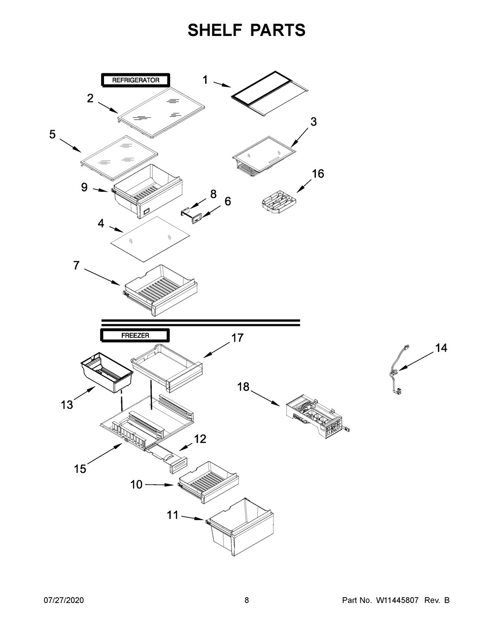 Shelf Parts Diagram and Parts List for WRB543CMJZ00  Whirlpool Refrigerator