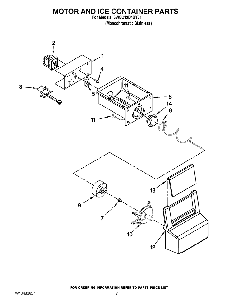 MOTOR AND ICE CONTAINER PARTS Diagram and Parts List for 3WSC19D4XY01  Whirlpool Refrigerator