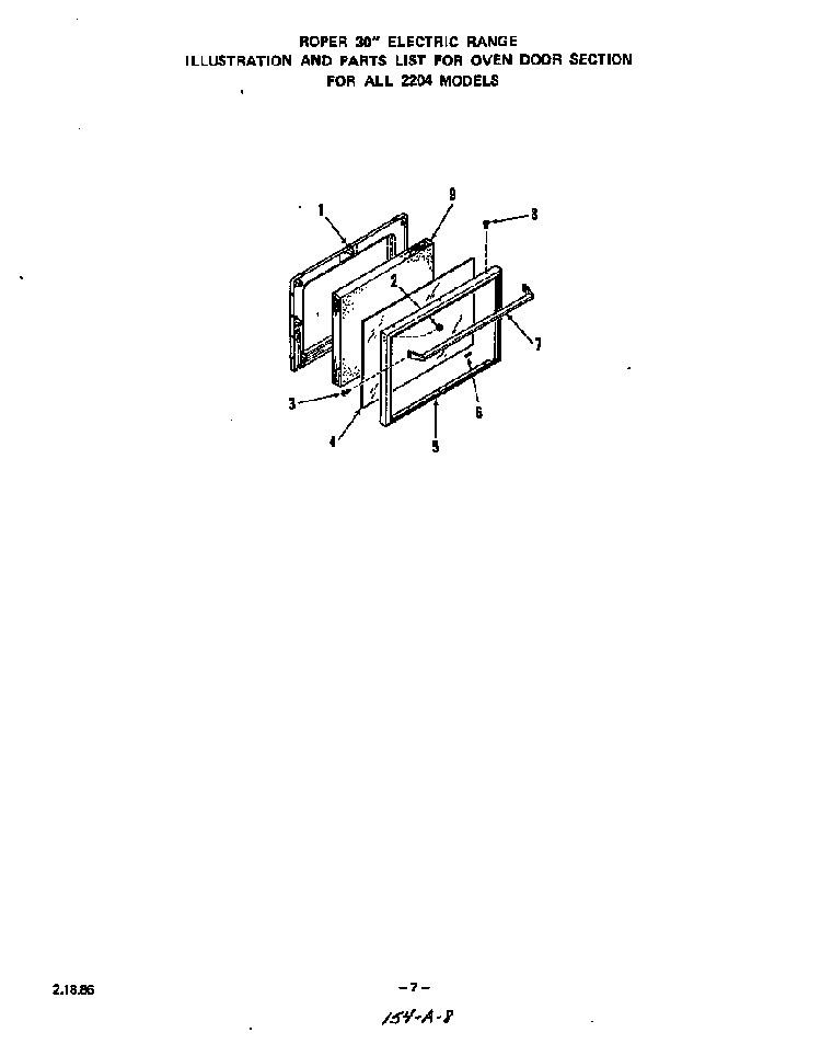 Oven Door Diagram and Parts List for 2204*1A  Roper Range
