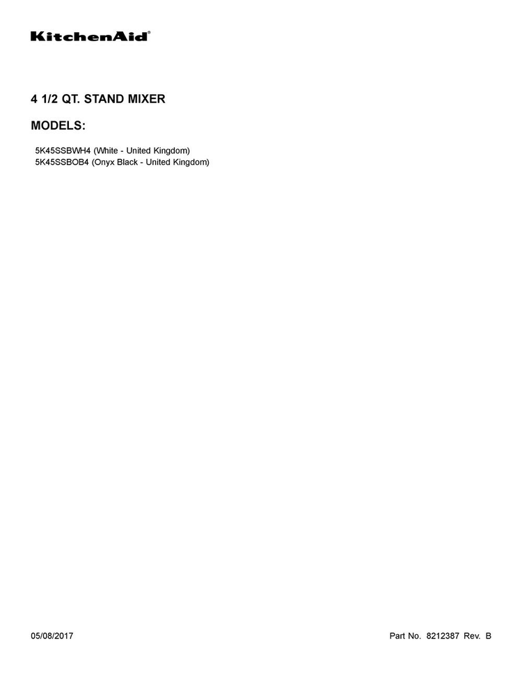 Cover Sheet Diagram and Parts List for 5K45SSBOB4  KitchenAid Mixer