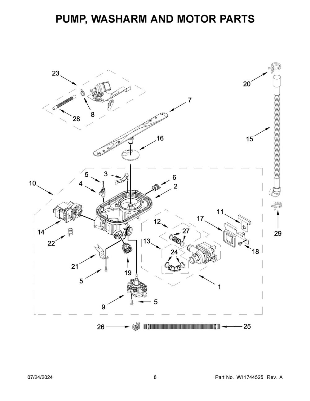 05 - Pump, Washarm And Motor Parts Diagram and Parts List for KDFE304RPS0  Whirlpool Dishwasher