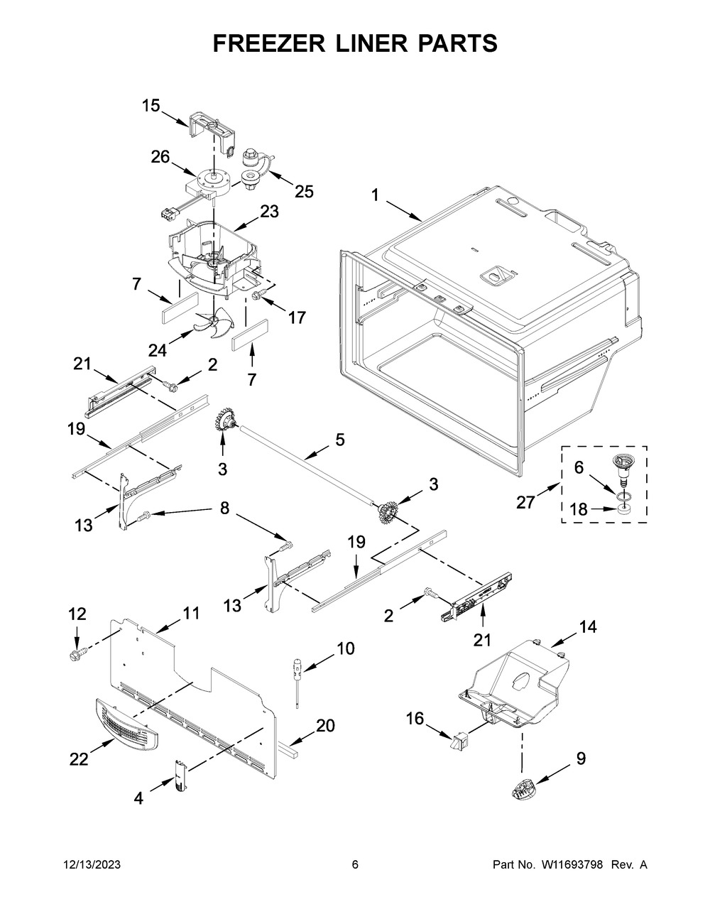 Freezer Liner Parts Diagram and Parts List for WRF555SDHV09  Whirlpool Refrigerator