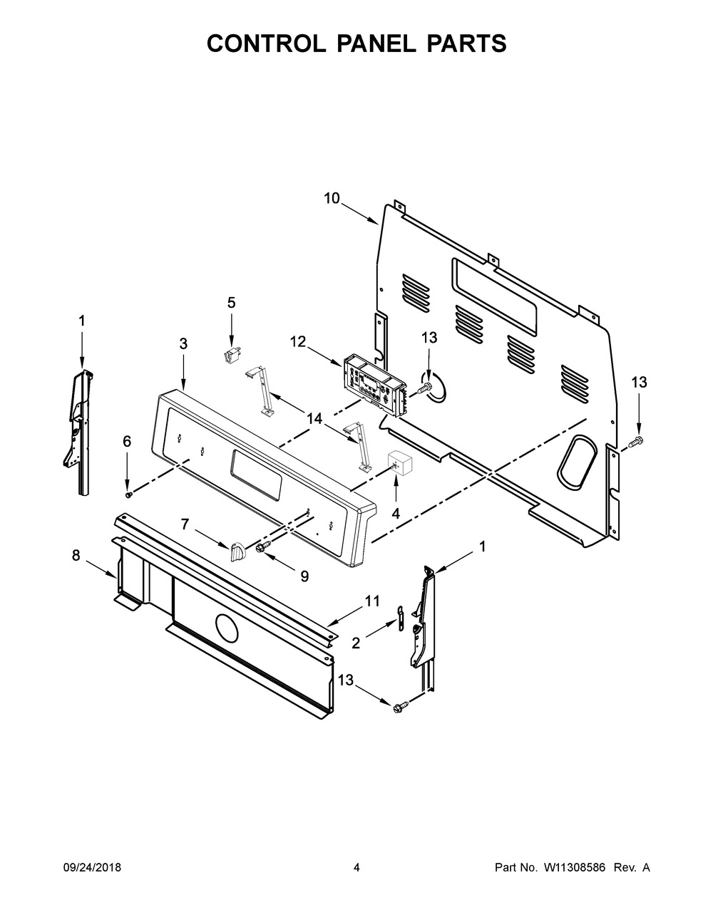 Control Panel Parts Diagram and Parts List for WFE515S0EB2  Whirlpool Range