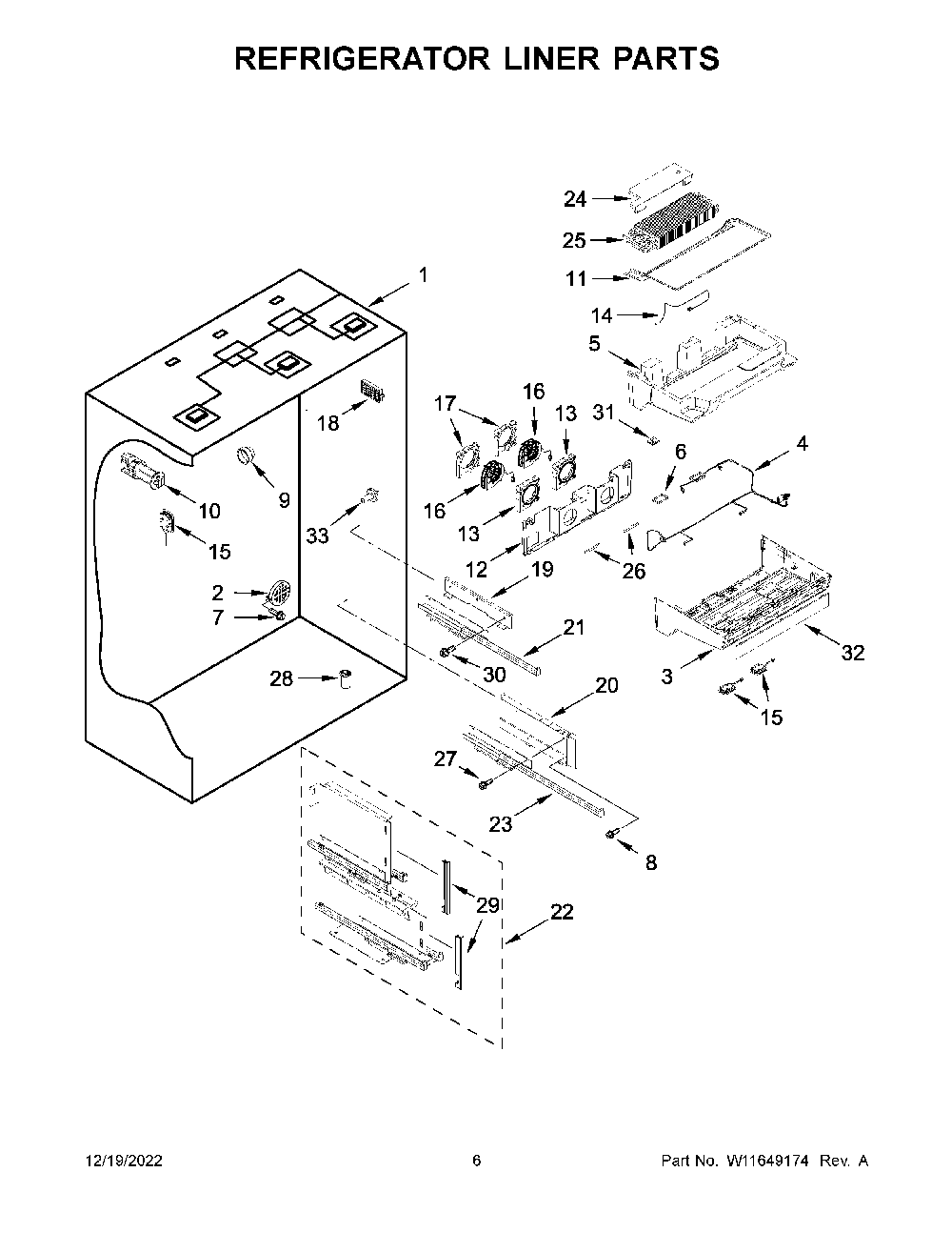 Refrigerator Liner Parts Diagram and Parts List for KBFN502EBS05  KitchenAid Refrigerator