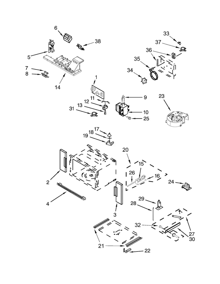 Cabinet And Stirrer Parts Diagram and Parts List for WOC97ES0ES00  Whirlpool Microwave