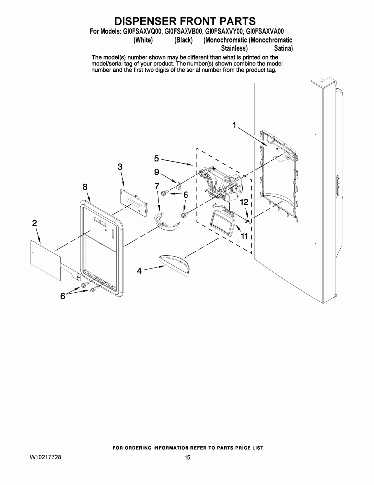 DISPENSER FRONT PARTS Diagram and Parts List for GI0FSAXVB00  Whirlpool Refrigerator
