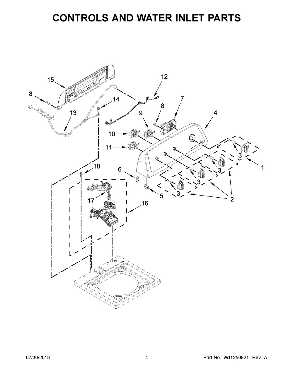 Controls And Water Inlet Parts Diagram and Parts List for WTW4855HW1  Whirlpool Washer