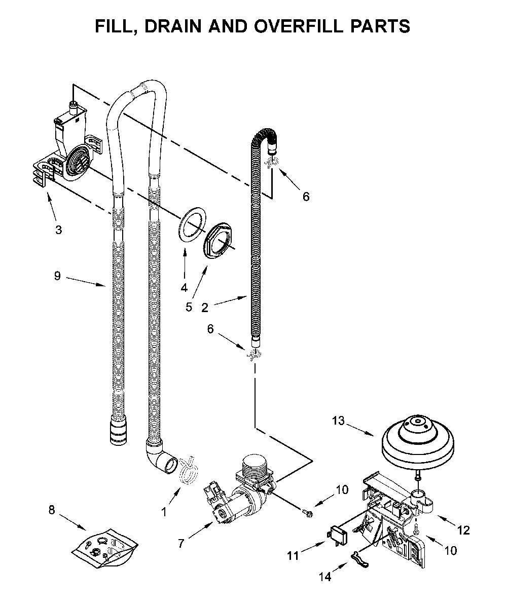 Fill, drain and overfill parts Diagram and Parts List for WDF330PAHS5  Whirlpool Dishwasher