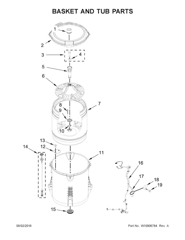 Basket And Tub Parts Diagram and Parts List for 11022242510  Kenmore Washer