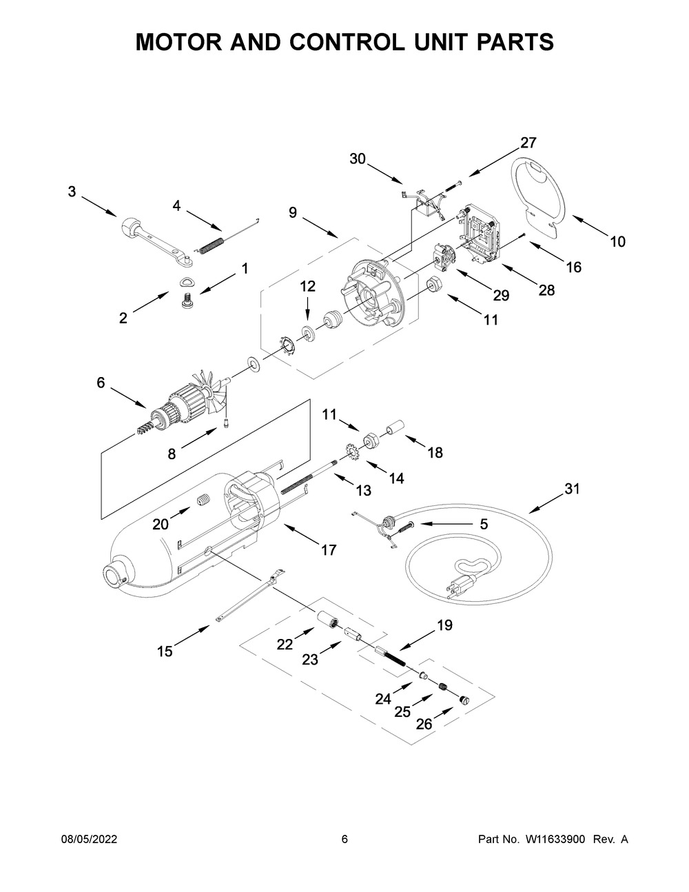 Motor And Control Unit Parts Diagram and Parts List for 5KSM156RGEIB0  KitchenAid Mixer