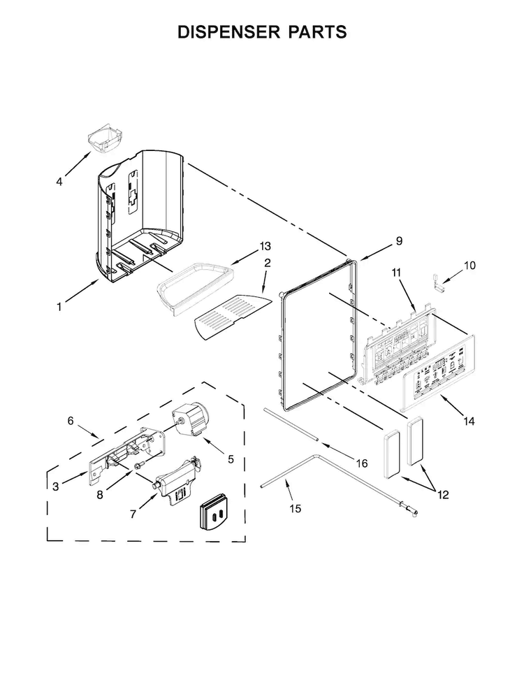 Dispenser Parts Diagram and Parts List for WRS571CIDM01  Whirlpool Refrigerator