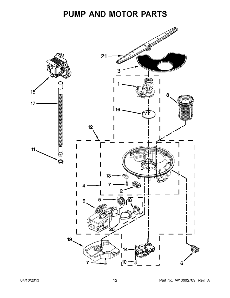 PUMP AND MOTOR PARTS Diagram and Parts List for WDT910SAYE2  Whirlpool Dishwasher