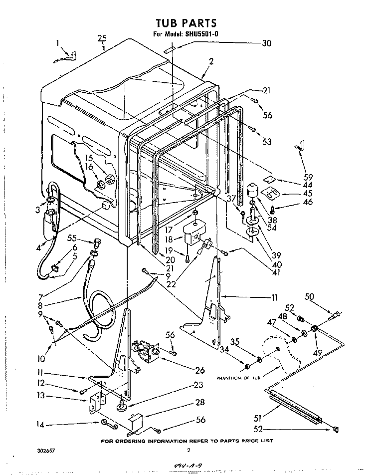 TUB , LIT/OPTIONAL Diagram and Parts List for SHU55010  Whirlpool Dishwasher