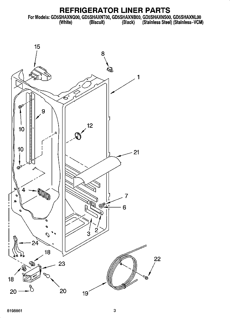 REFRIGERATOR LINER PARTS Diagram and Parts List for GD5SHAXNS00  Whirlpool Refrigerator