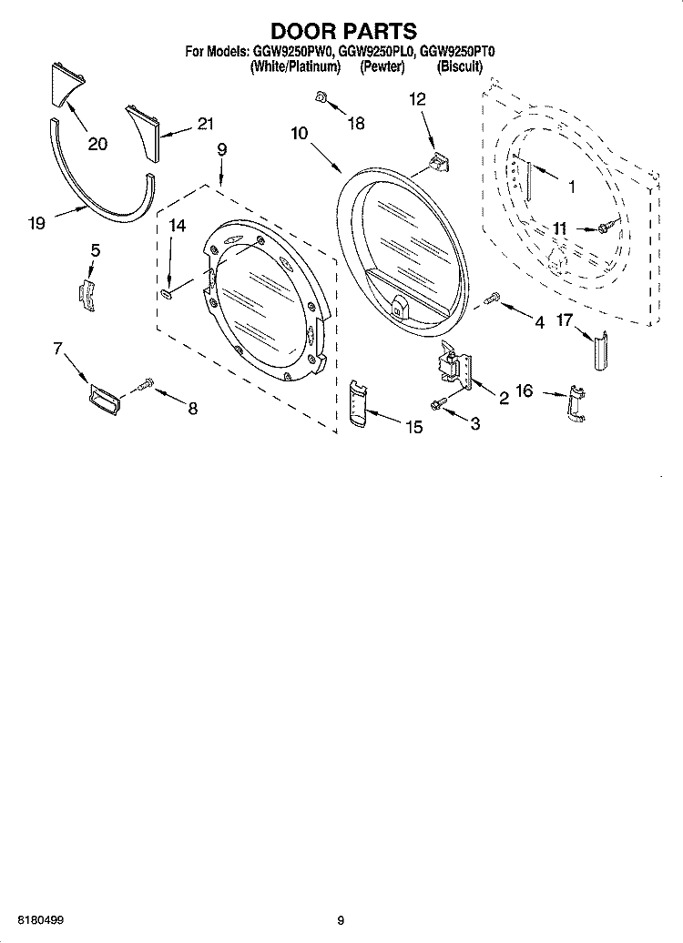 DOOR PARTS Diagram and Parts List for GGW9250PL0  Whirlpool Dryer