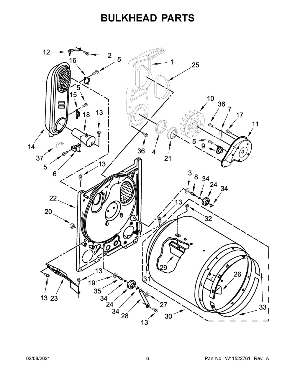 Bulkhead Parts Diagram and Parts List for VGD6505GW1  Whirlpool Dryer