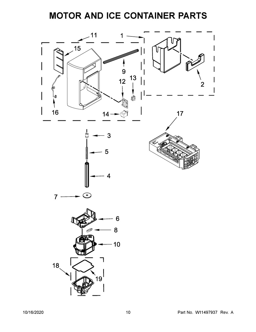 Motor And Ice Container Parts Diagram and Parts List for KRSF705HBS01  Whirlpool Refrigerator