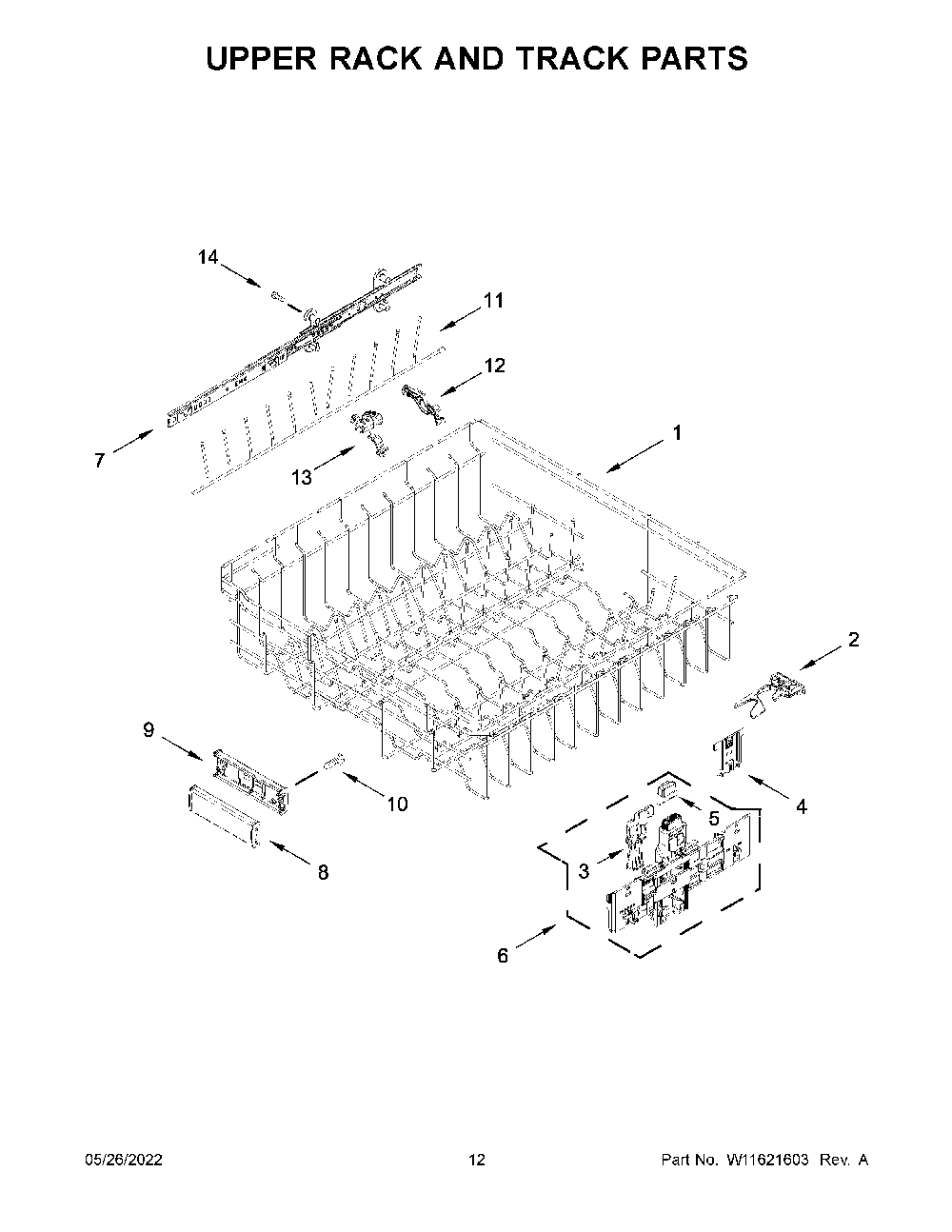 Upper Rack And Track Parts Diagram and Parts List for KDPM704KPS1  KitchenAid Dishwasher