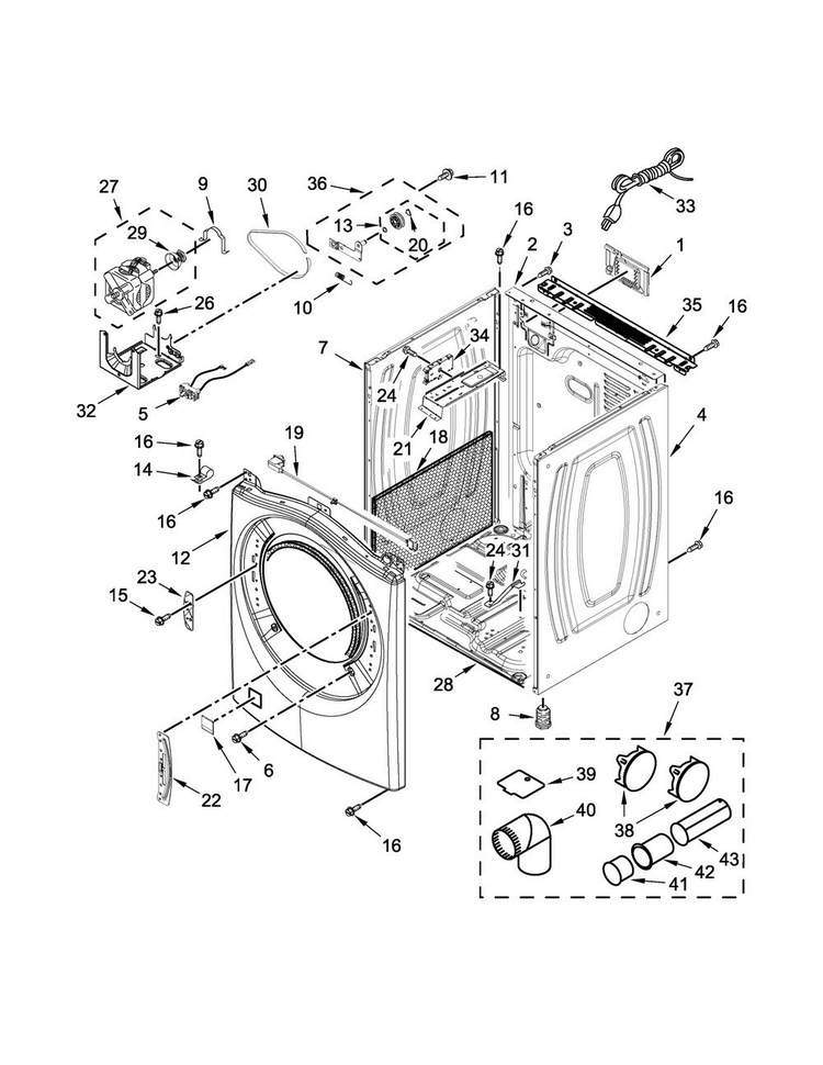Cabinet Parts Diagram and Parts List for 7MWGD90HEFC0  Whirlpool Dryer