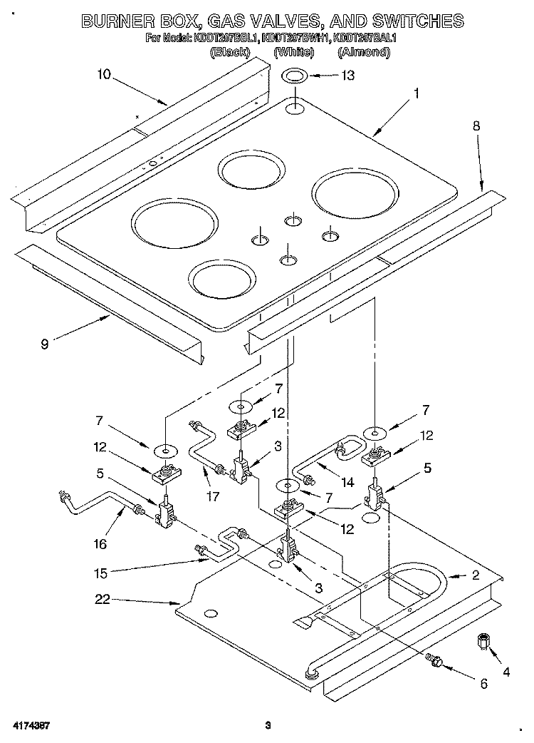 BURNER BOX, GAS VALVES, AND SWITCHES Diagram and Parts List for KDDT207BBL1  KitchenAid Range