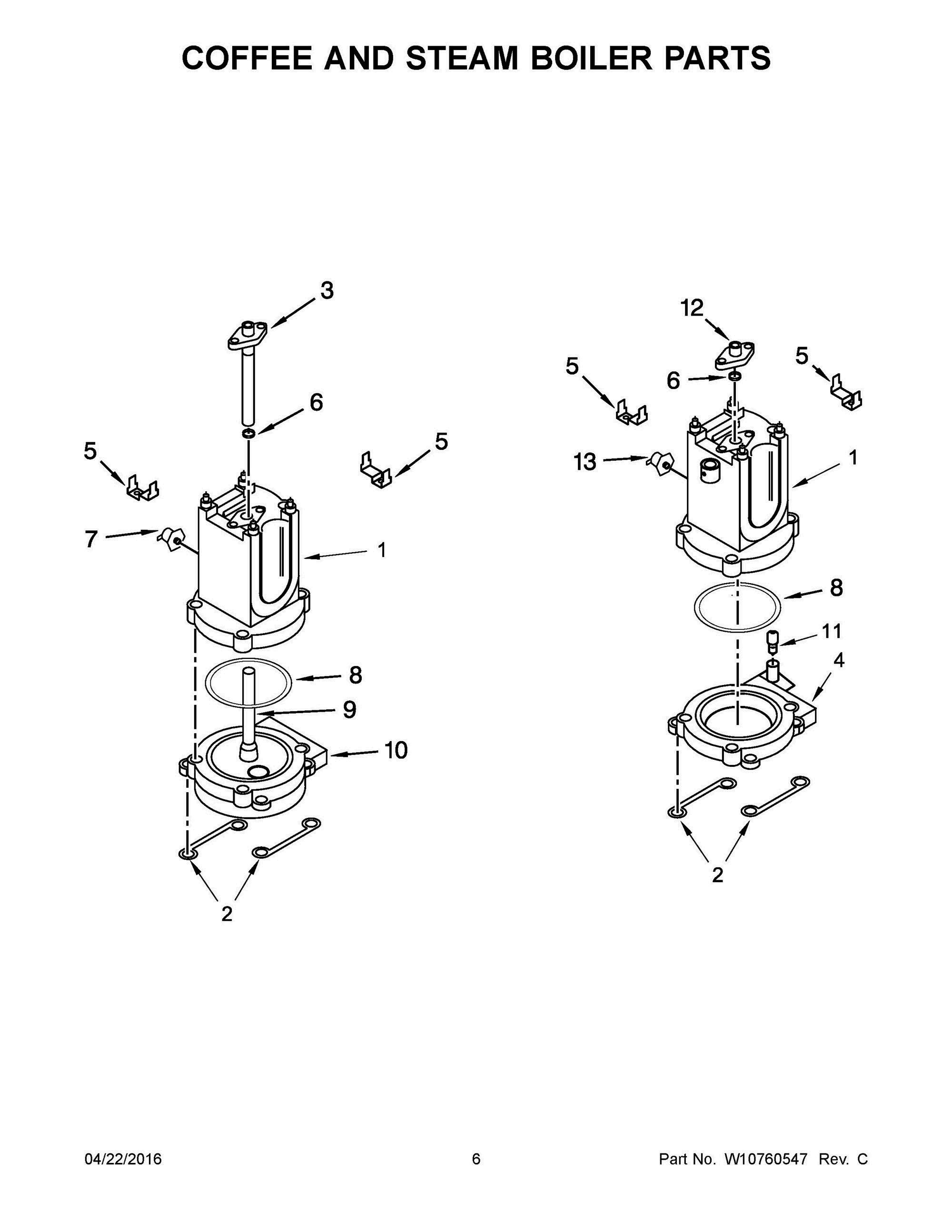 04 - COFFEE AND STEAM BOILER PARTS Diagram and Parts List for 5KES2102BMS0  Whirlpool Coffee Maker