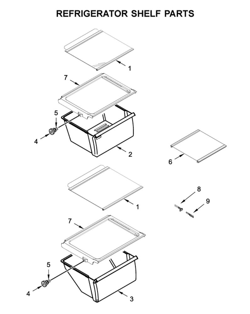 Refrigerator Shelf Parts Diagram and Parts List for WRS315SDHM02  Whirlpool Refrigerator