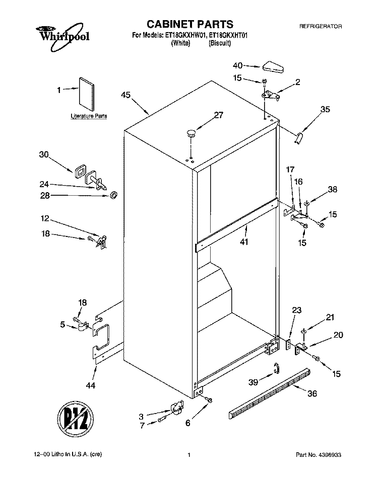 CABINET, LITERATURE Diagram and Parts List for ET18GKXHW01  Whirlpool Refrigerator