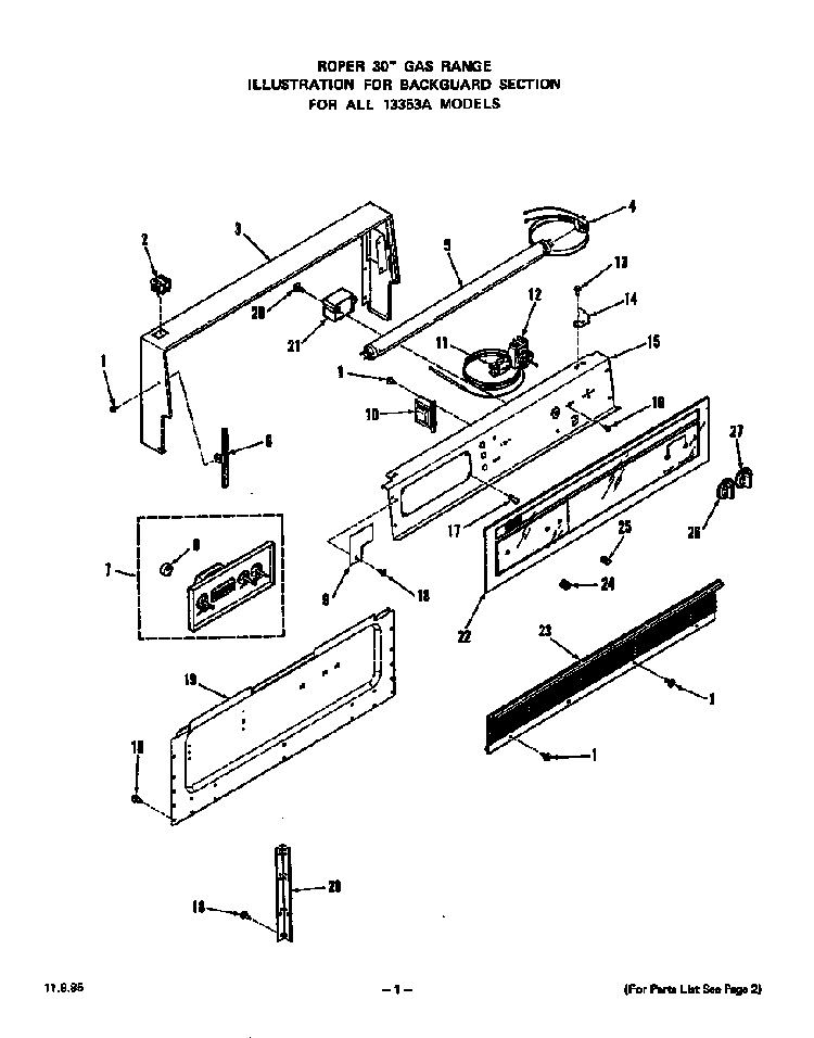 Backguard Diagram and Parts List for 1335*3A  Roper Range