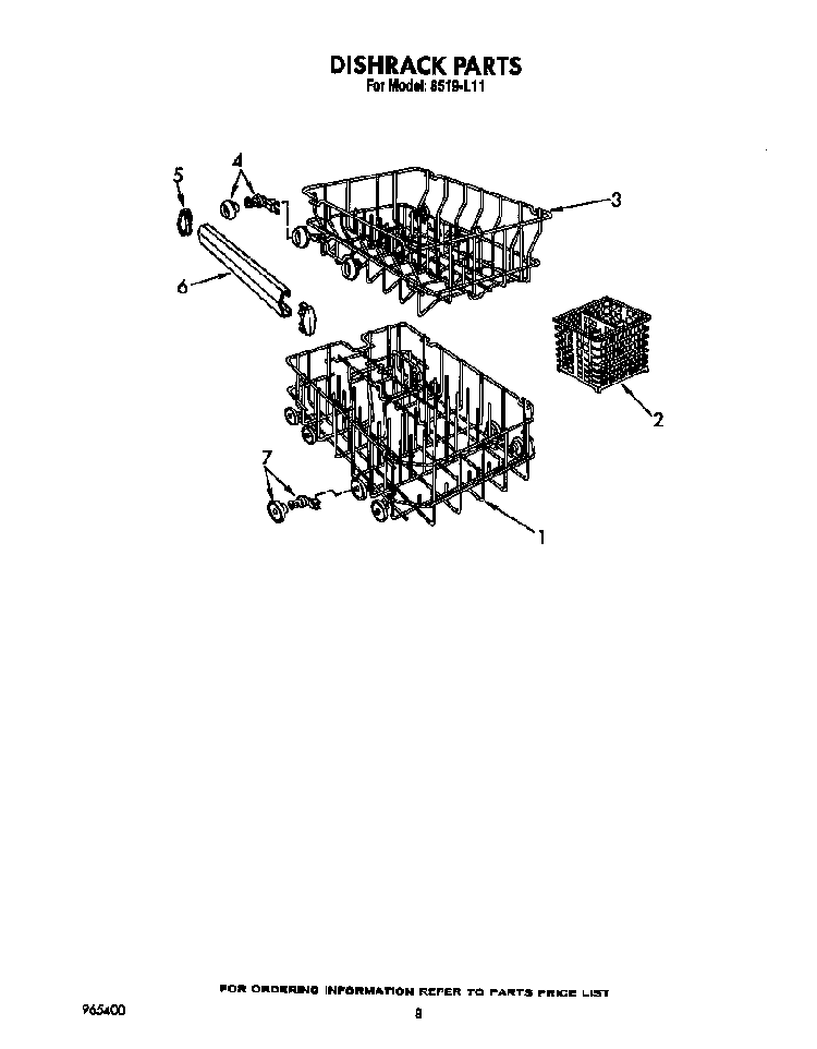 Dishrack Diagram and Parts List for 8519L11  Roper Dishwasher