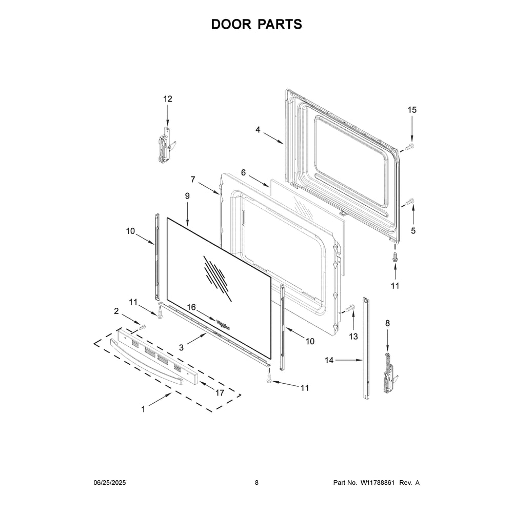 Door Parts Diagram and Parts List for WFES4530SB0  Whirlpool Range