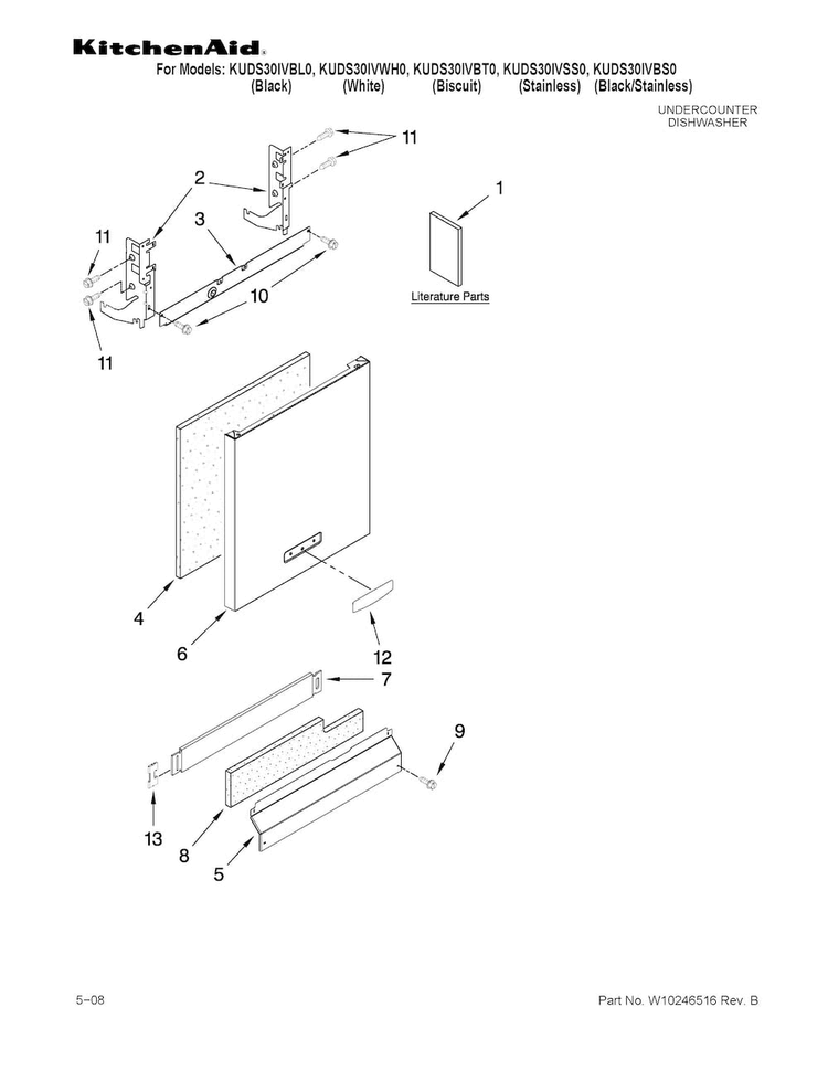 Door And Panel Parts Diagram and Parts List for KUDS30IVSS1  KitchenAid Dishwasher