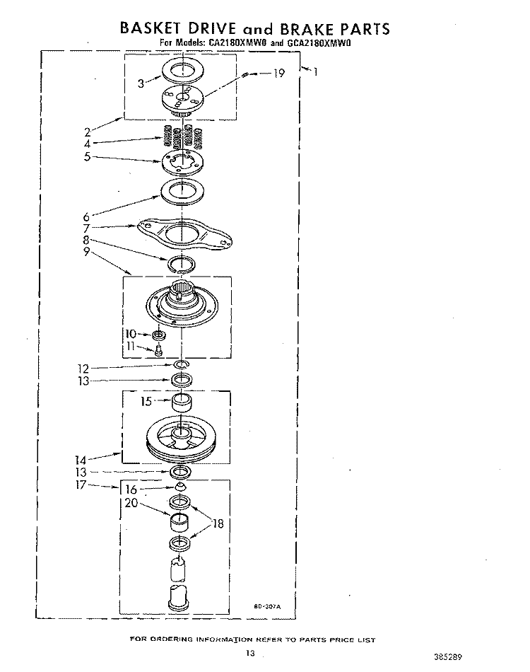 BASKET DRIVE AND BRAKE Diagram and Parts List for CA2180XMW0  Whirlpool Washer