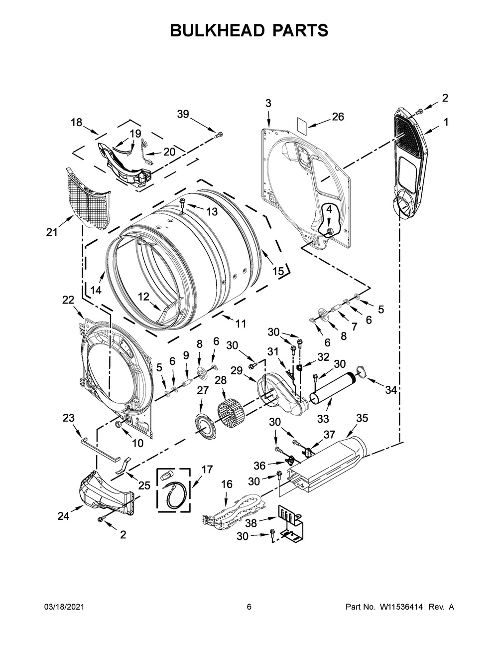 Bulkhead Parts Diagram and Parts List for 8TWED5620HW1  Whirlpool Dryer