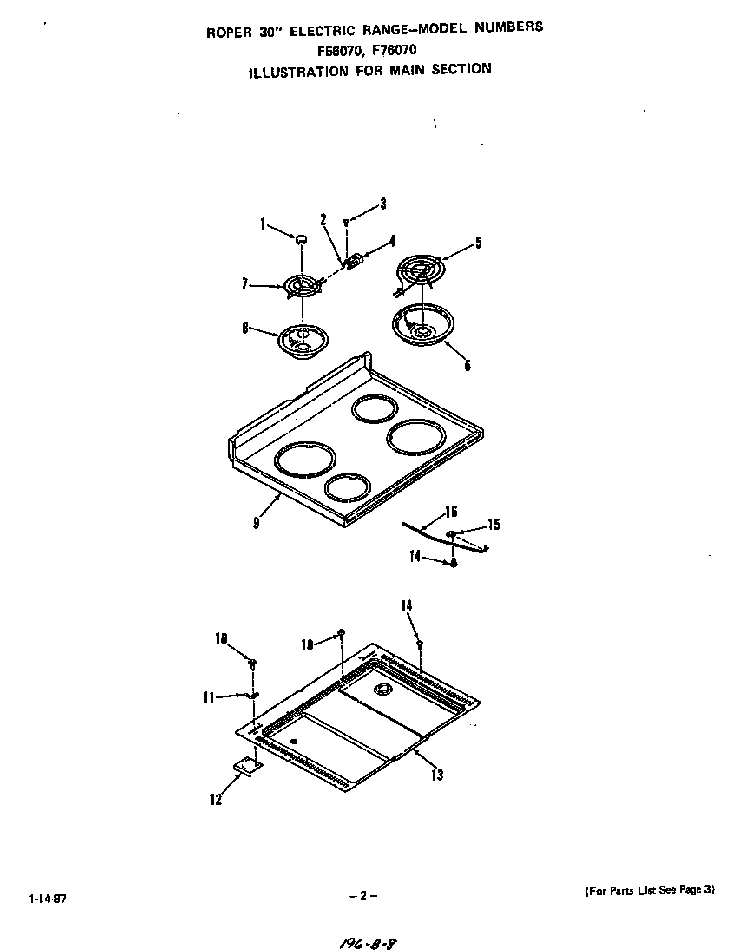 Main Diagram and Parts List for F7607*0  Roper Range