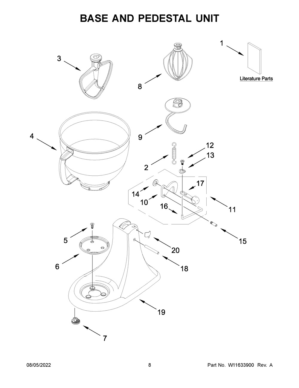 Base And Pedestal Unit Diagram and Parts List for 5KSM156RGEIB0  KitchenAid Mixer