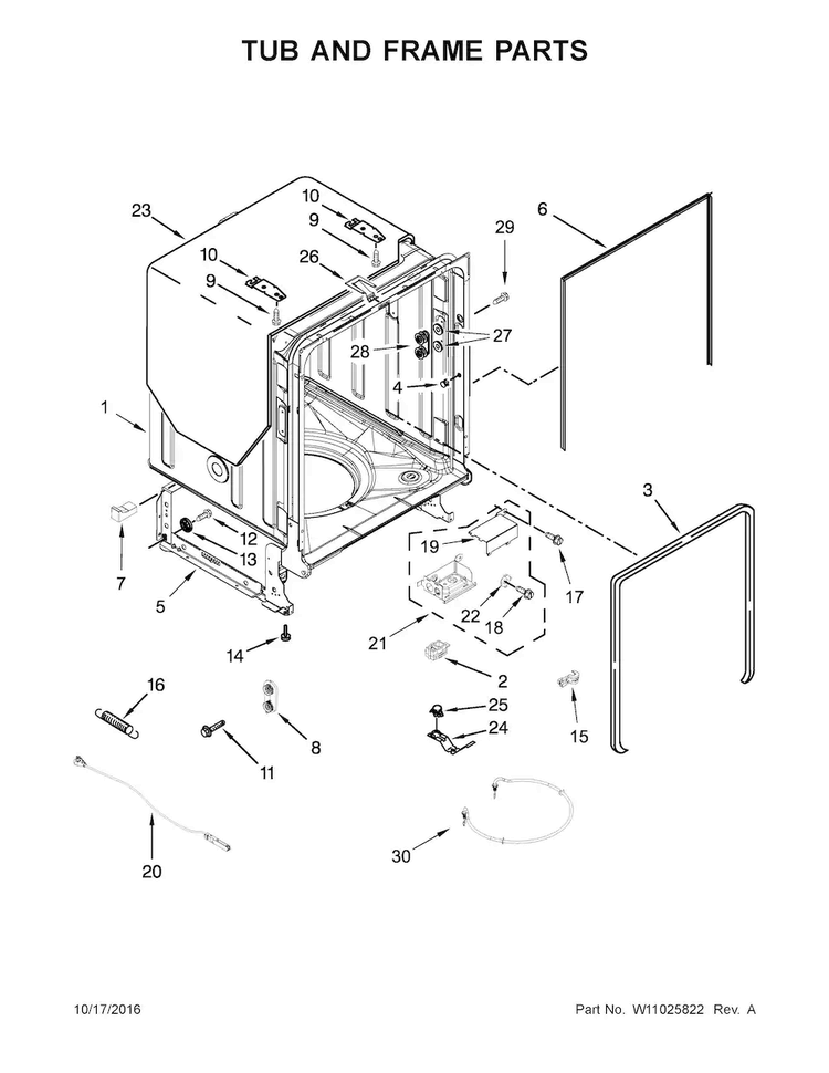 Tub And Frame Parts Diagram and Parts List for WDT780SAEM2  Whirlpool Dishwasher