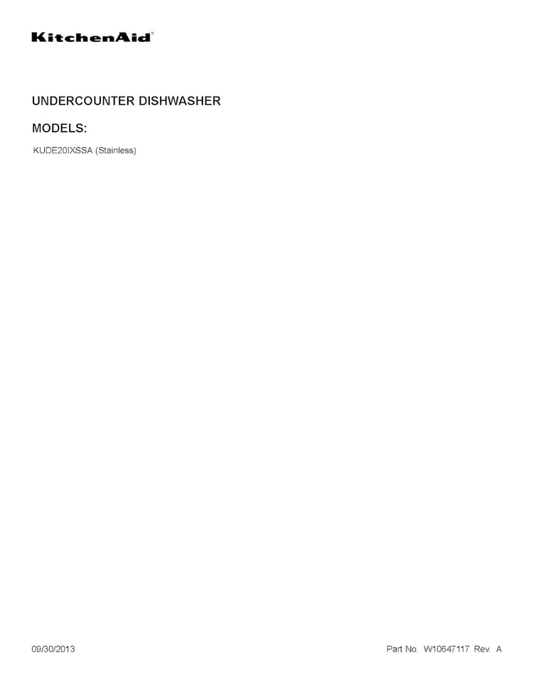 Cover Sheet Diagram and Parts List for KUDE20IXSSA  KitchenAid Dishwasher