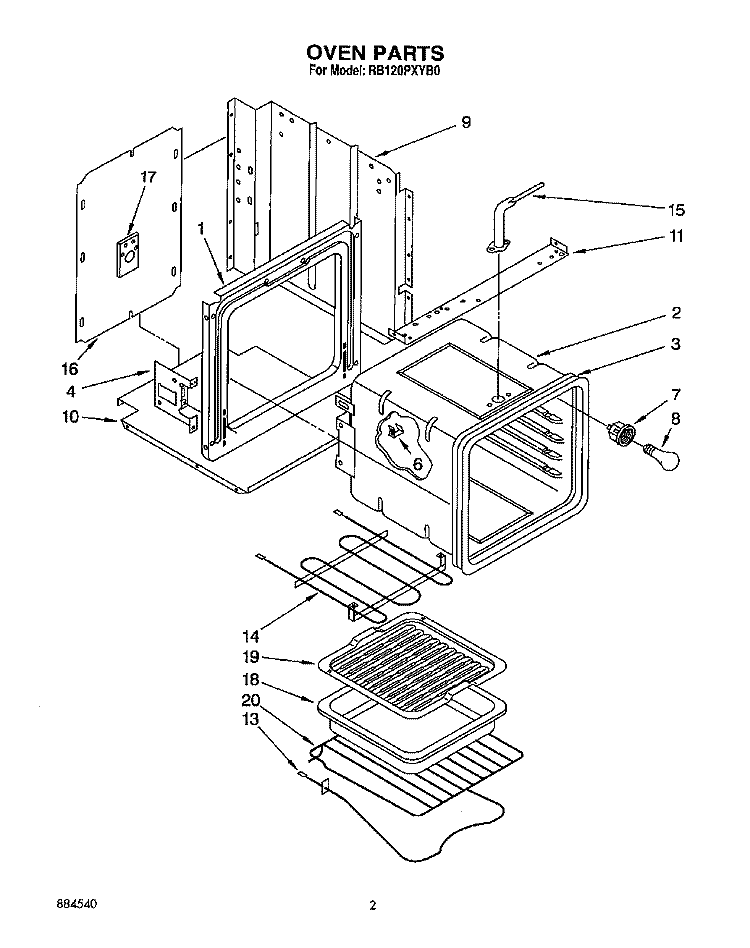 OVEN Diagram and Parts List for RB120PXYB0  Whirlpool Wall Oven