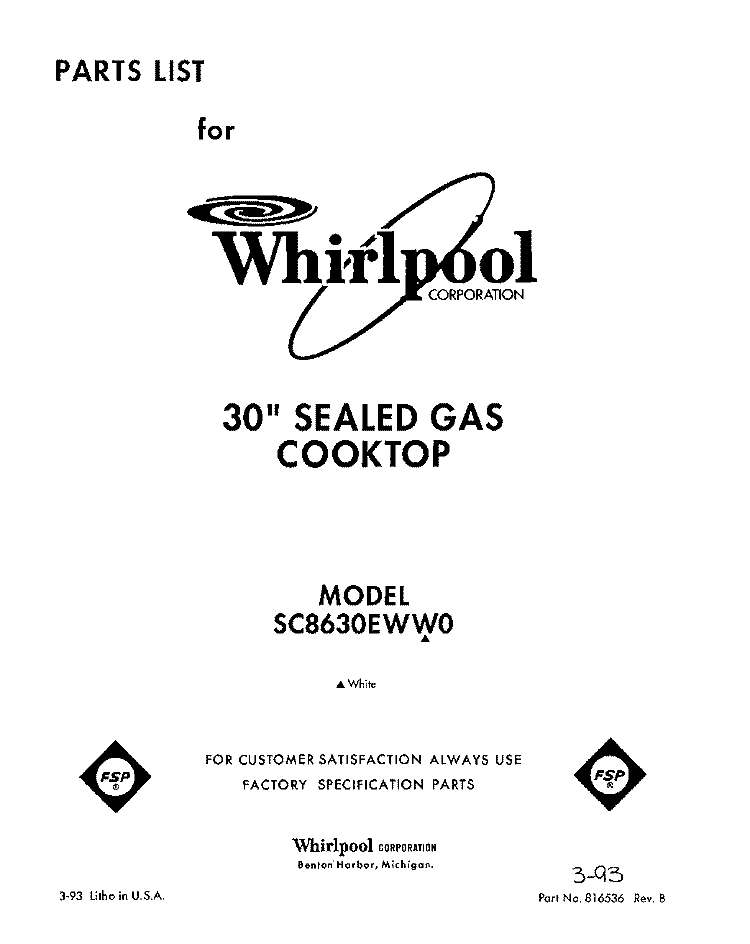 SECTION Diagram and Parts List for SC8630EWW0  Whirlpool Cooktop