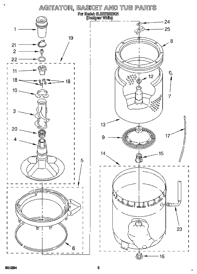 AGITATOR, BASKET AND TUB Diagram and Parts List for 3LBR7255BQ1  Whirlpool Washer