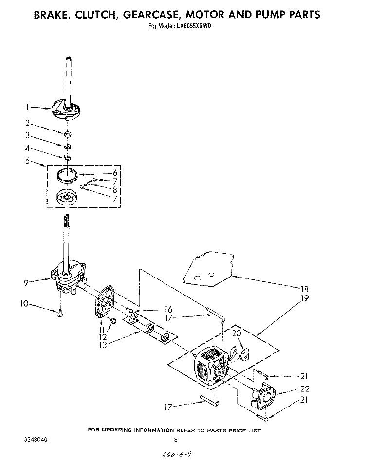 BRAKE, CLUTCH, GEARCASE, MOTOR AND PUMP Diagram and Parts List for LA6055XSW0  Whirlpool Washer