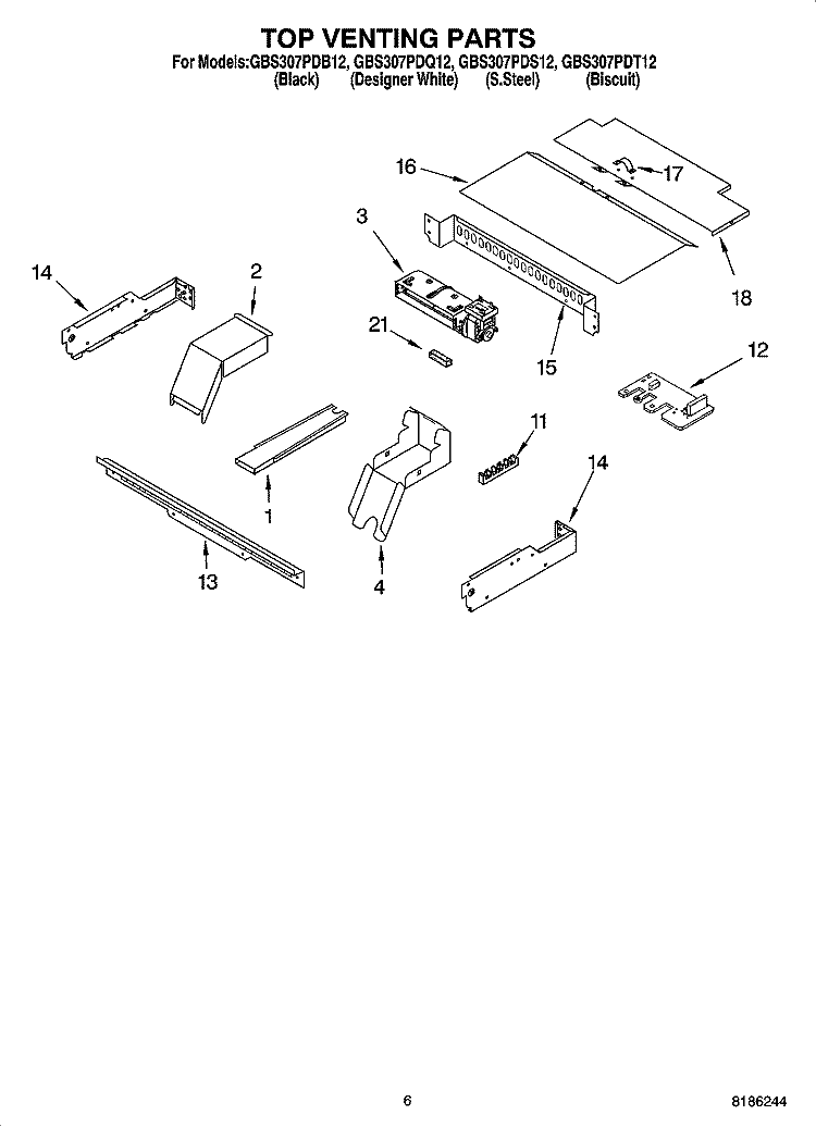 TOP VENTING PARTS, OPTIONAL PARTS Diagram and Parts List for GBS307PDS12  Whirlpool Wall Oven