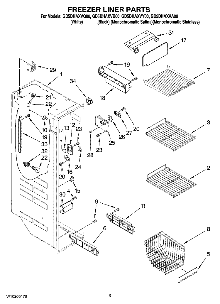 FREEZER LINER PARTS Diagram and Parts List for GD5DHAXVY00  Whirlpool Refrigerator