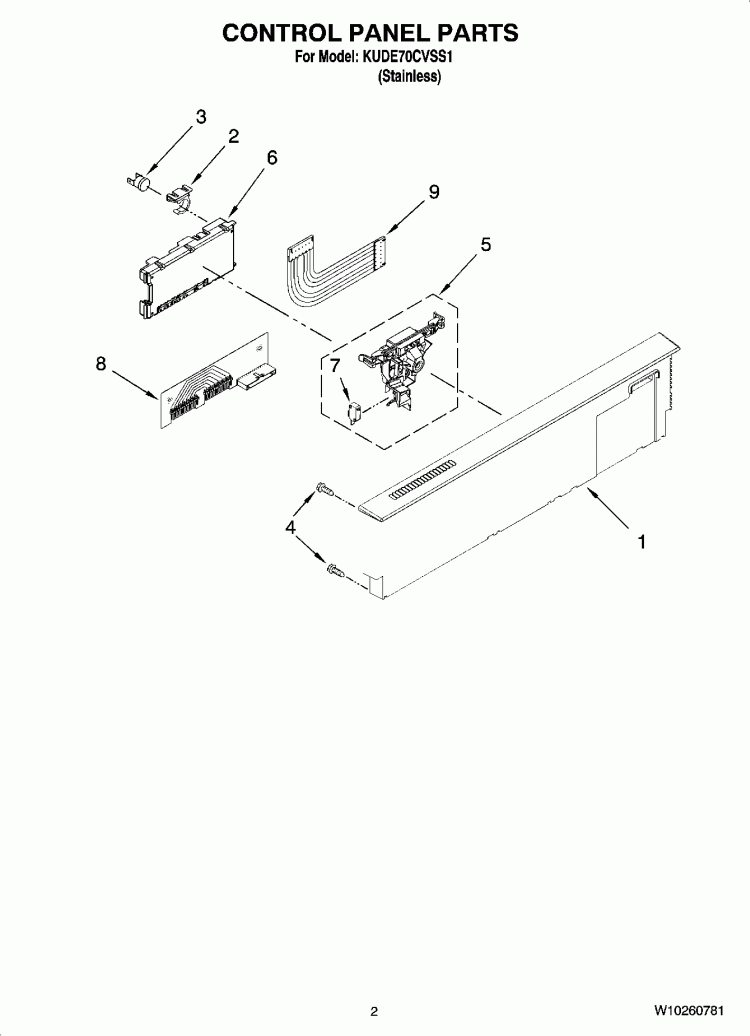 CONTROL PANEL PARTS Diagram and Parts List for KUDE70CVSS1  KitchenAid Dishwasher