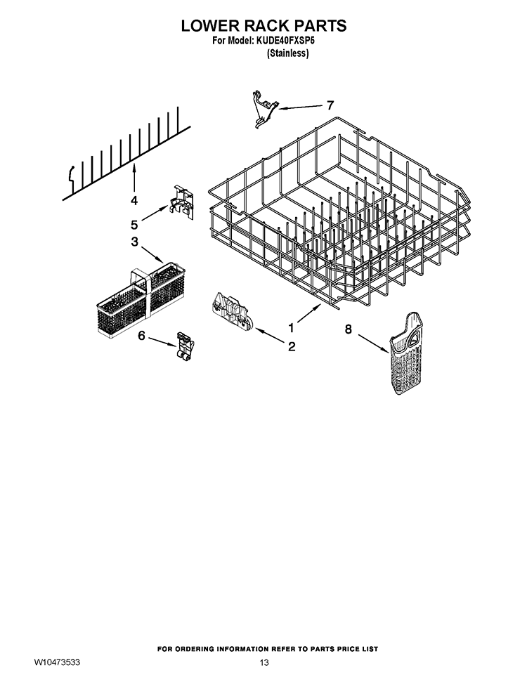 LOWER RACK PARTS Diagram and Parts List for KUDE40FXSP5  KitchenAid Dishwasher