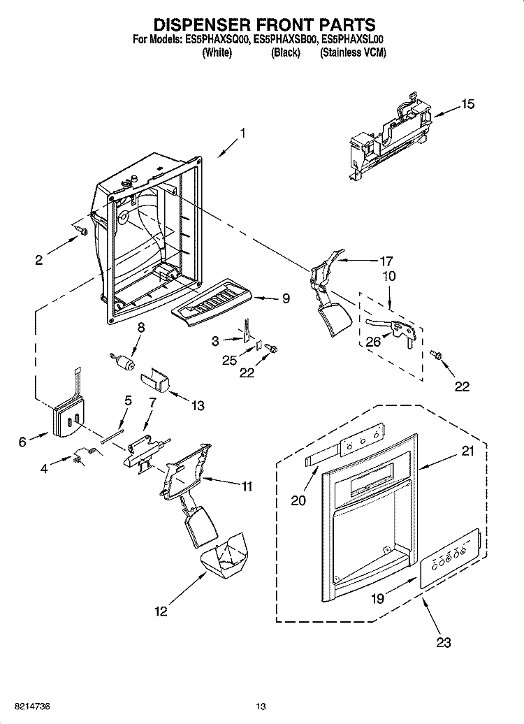DISPENSER FRONT PARTS Diagram and Parts List for ES5PHAXSB00  Whirlpool Refrigerator