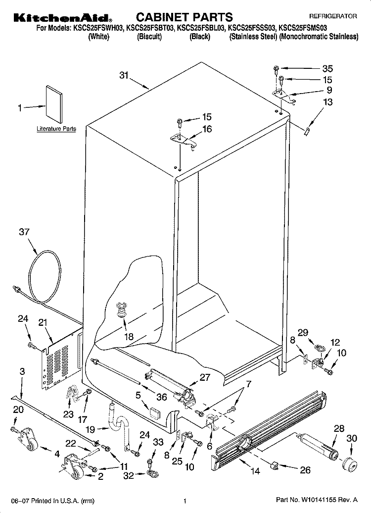 CABINET PARTS Diagram and Parts List for KSCS25FSBL03  KitchenAid Refrigerator