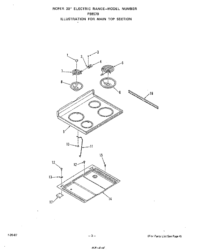 MAIN TOP Diagram and Parts List for F9857W0  Roper Range