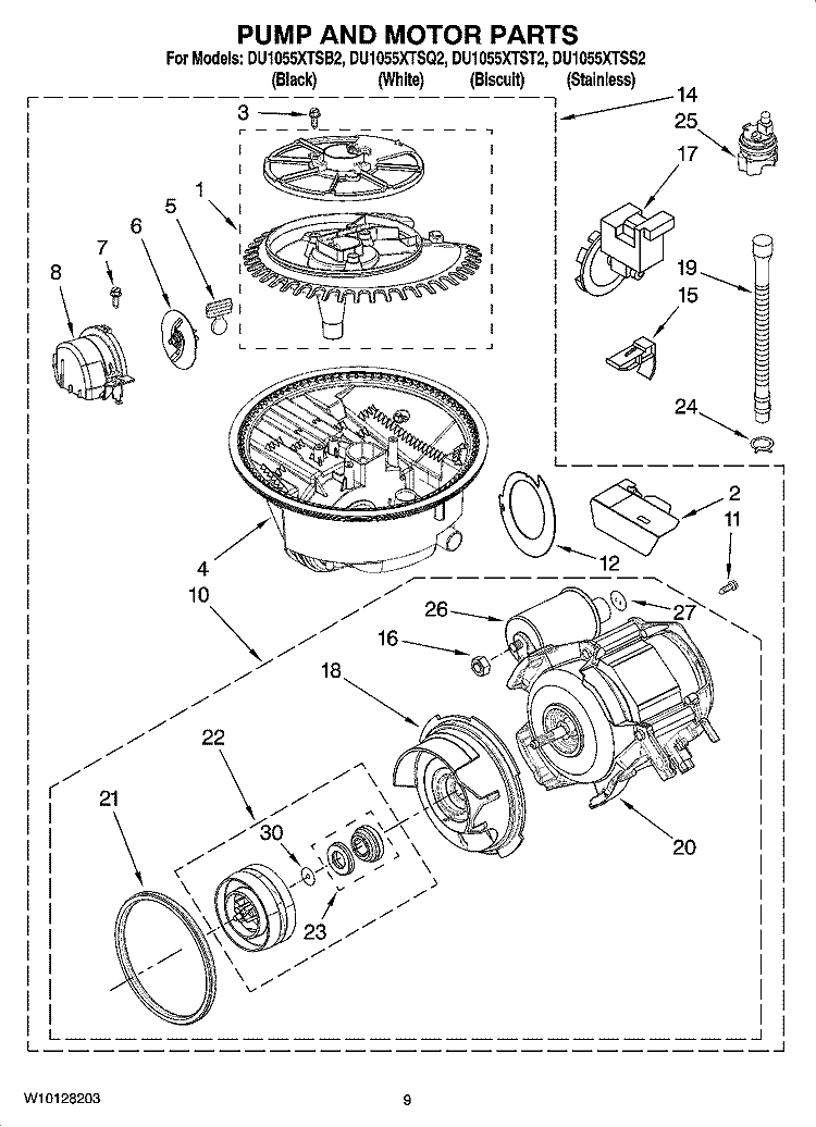 PUMP AND MOTOR PARTS Diagram and Parts List for DU1055XTST2  Whirlpool Dishwasher